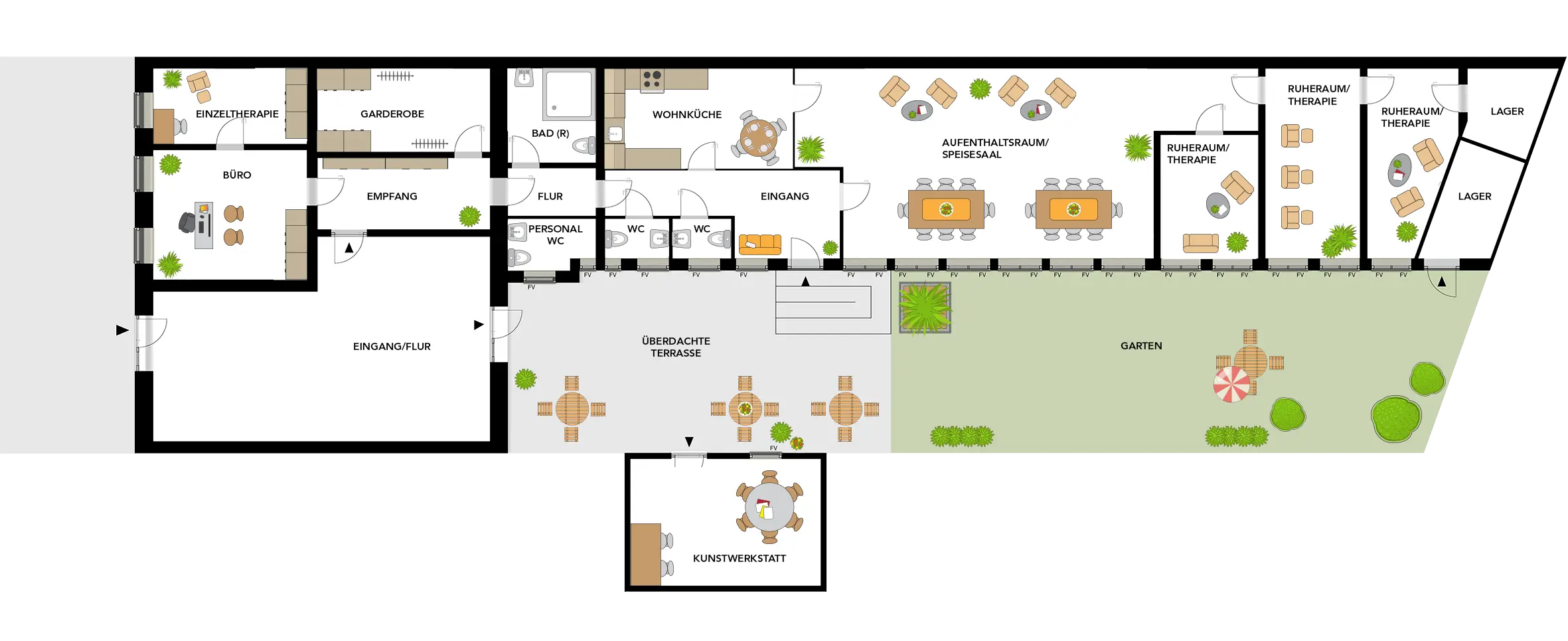 Das Bild zeigt den Grundriss mit verschiedenen Räumlichkeiten der Betreuungsstuben Fürth sowie einer überdachten Terrasse mit anschließendem Garten.