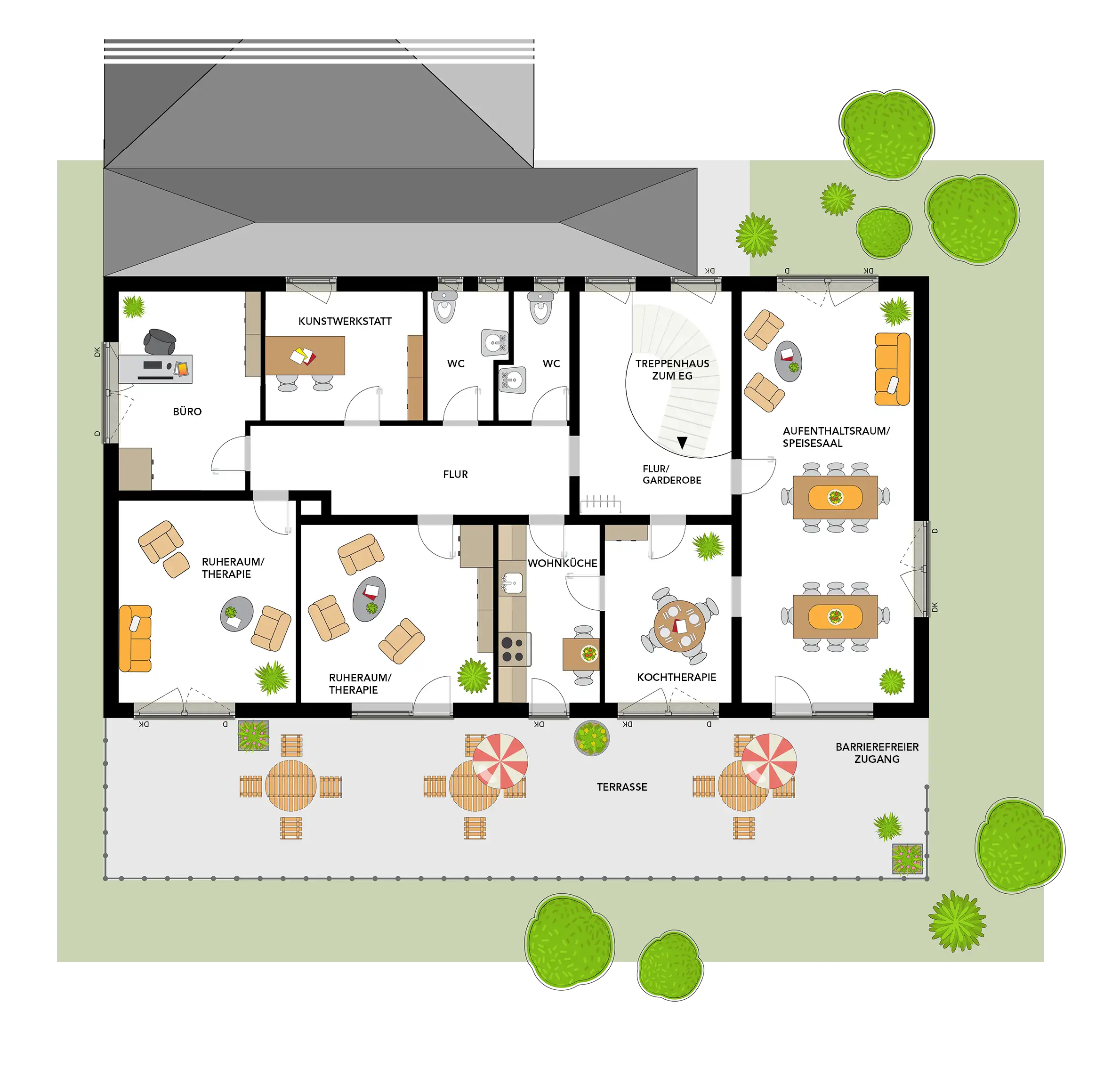 Grundriss mit den verschiedenen Räumlichkeiten der Tagespflege Betreuungsstuben Cadolzburg sowie einer großzügigen Terrasse mit barrierefreiem Zugang.